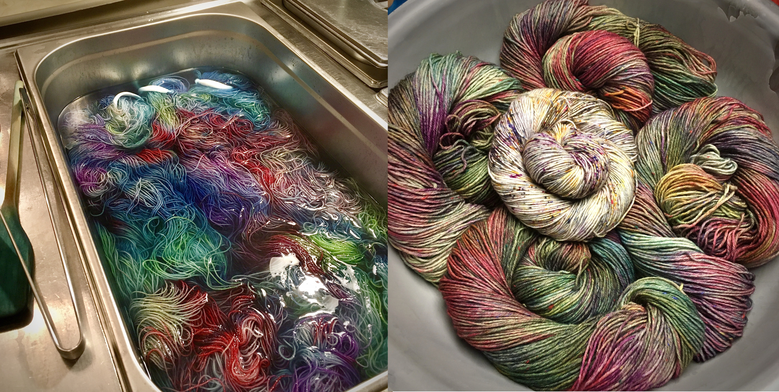 Färbebad, gefärbte Wolle